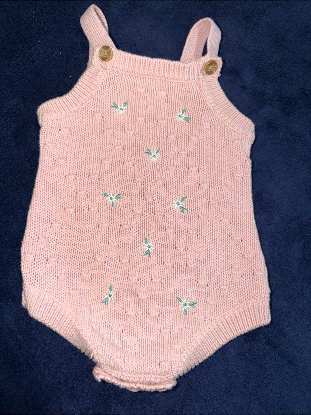 Hand-Knit Pink Baby Romper with Green Embroidery | 6-9 months